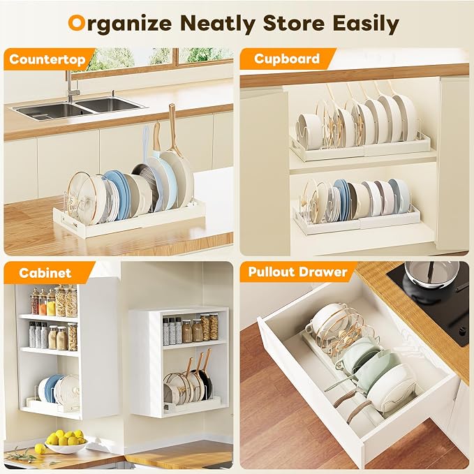 Dayacoco Pot and Pan Organizer, Expandable Pot Organizers Inside Cabinet, Pots and Pans Organizer under Cabinet with 10 Adjustable Compartments for Kitchen Cabinet,Frying Rack, Lid, Cookware, 2 Pcs