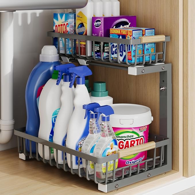 Under Sink Organizer Storage for Families: Pull Out Storage Undersink Organizers Drawer Cabinet - Sliding 2 Tier Rack Metal Organization Under Counter Kitchen Bathroom for Homemakers(Gray,1 Pack)