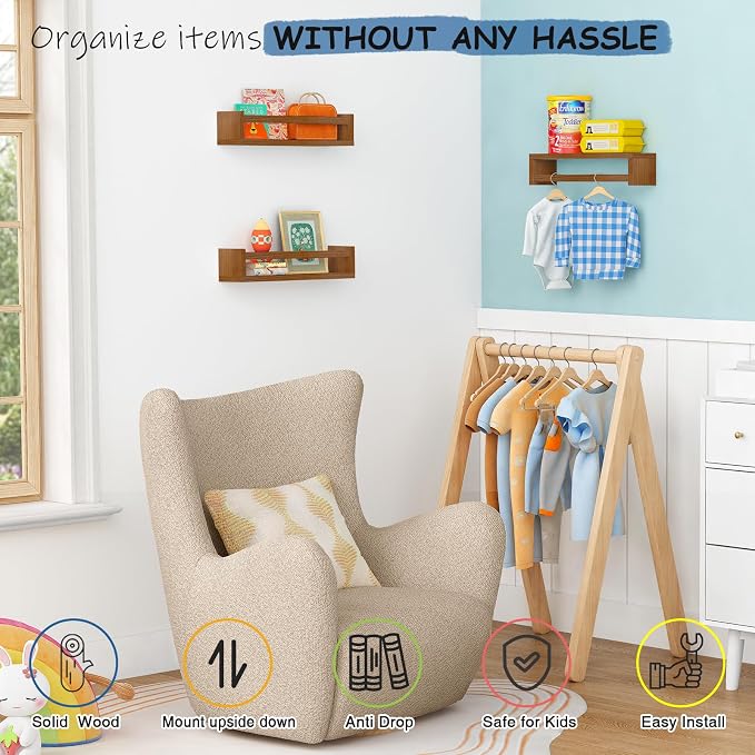 Harwaya Walnut Brown Nursery Book Shelves Wall Mounted, Wooden Floating Bookshelf for Kids Room Bedroom, Dark Wood Nursery Bookshelves for Kitchen Classroom Playroom (Solid Pine, 3-Pack)