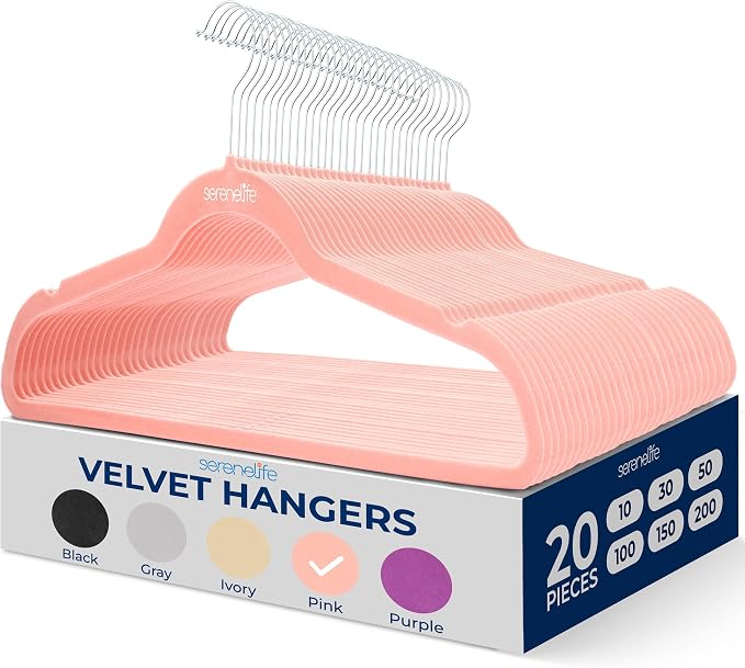 SereneLife Velvet Hangers – 20 Pack, Slim & Space Saving for Closets | Soft velvet grip prevents slipping on silk, satin & knitwear – 360° swivel hook fits all standard closet rods