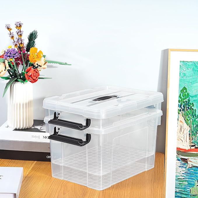 Cetomo Lidded Storage Bin with Handle, Tote Organizing Container with Durable Lid and Secure Latching Buckles, Stackable and Nestable, Plastic, 25 Quart-6 Pack, Clear