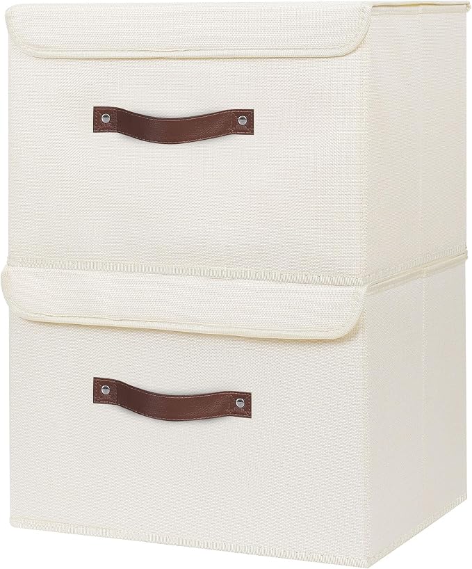 ANMINY Storage Bin with Lid Storage Boxes with PU Leather Handles PP Plastic Board Decorative Foldable Lidded Cotton Linen Fabric Home Cubes Baskets Closet Organizer Container - Beige, Medium