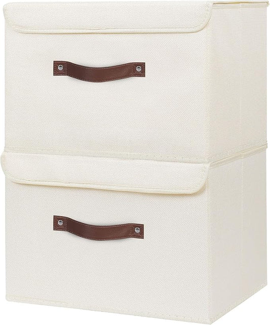 ANMINY 2PCS Storage Bin with Lid Storage Boxes with PU Leather Handles PP Plastic Board Decorative Foldable Lidded Cotton Linen Fabric Home Cubes Baskets Closet Organizer Container - Beige, Medium