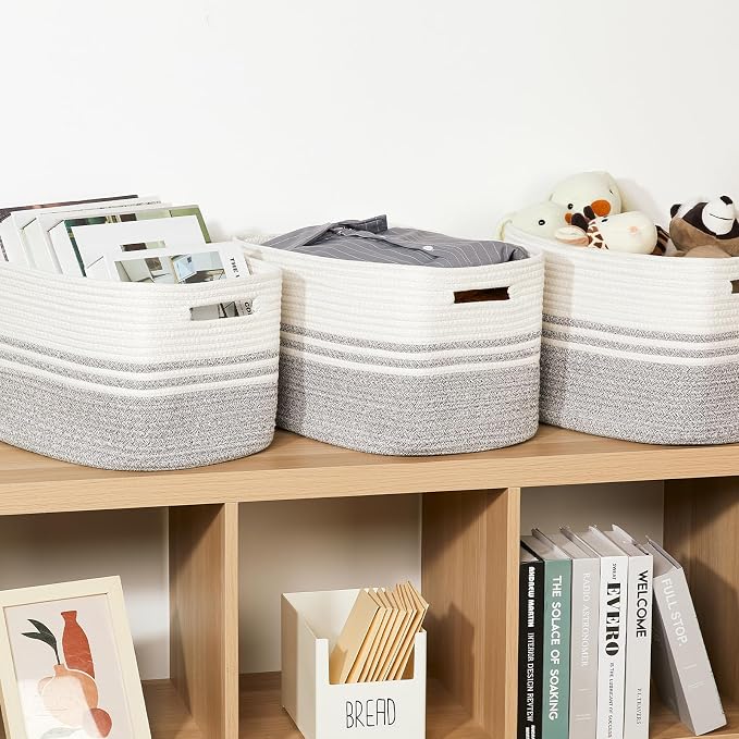 Temary Woven Storage Baskets, Set of 3 Rope Baskets for Storage Clothes, Towels, Versatile Boho Storage Bins (White&Grey, 13"x9.8"x8.5")