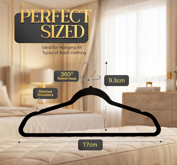 Beddora Velvet Hangers 50-Pack,Black Non-Slip Slim Space-Saving Closet Organizer, Suit & Coat Hangers, Heavy-Duty, 360° Swivel Hook