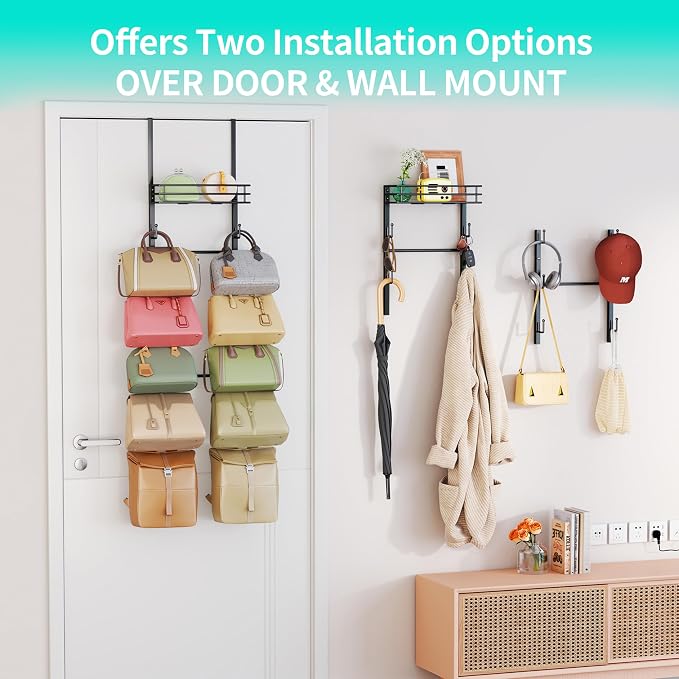 HapiRm Over The Door Purse Organizer - Wall Mounted Purse Rack with 10 Hooks and Metal Basket, Hanging Handbag Organizer Holds up to 10 Bags, Bag Rack Can Use As 1/2 Part, for Door, Closet (Black)