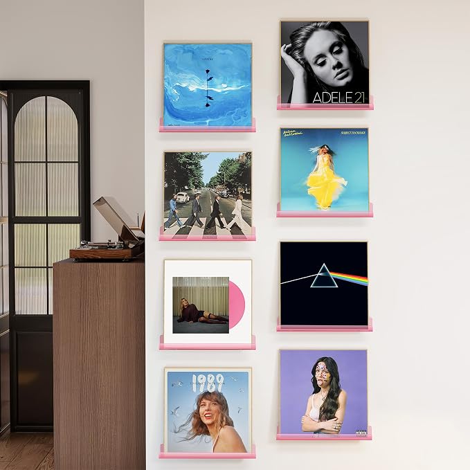 Vinyl Record Wall Mount Shelves, 12 inch Vinyl Holder, 8 Pack, Pink | Acrylic Floating Shelves for Album Record Storage Display, Wall Decor, Magazine Rack, Kids Bookshelf, Picture Ledge