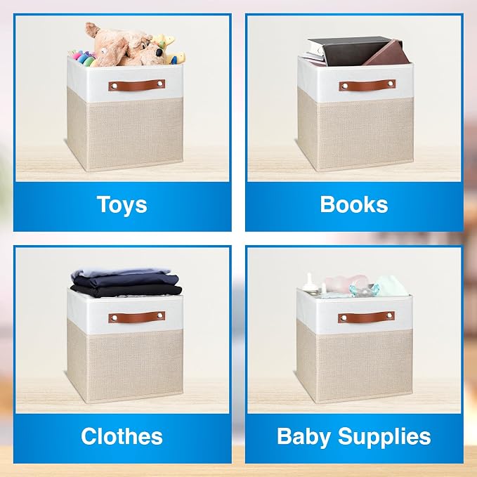 11 Inch Cube Storage Bin - 6 Pack - Linen Fabric 11x11 Cube Storage Bins for Bedroom, Living Room, Clothes and Toys; Foldable, Dual Leather Handles