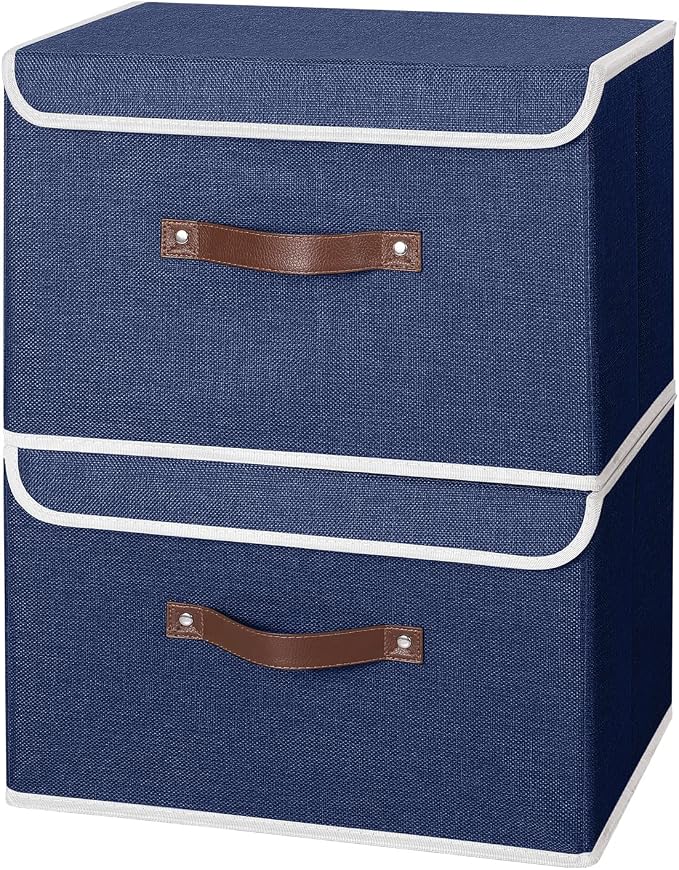 ANMINY 4PCS Storage Bins with Lid PU Leather Handles Storage Boxes PP Plastic Board Decorative Foldable Lidded Cotton Linen Fabric Home Cubes Baskets Closet Organizer Containers - Blue, Large Size