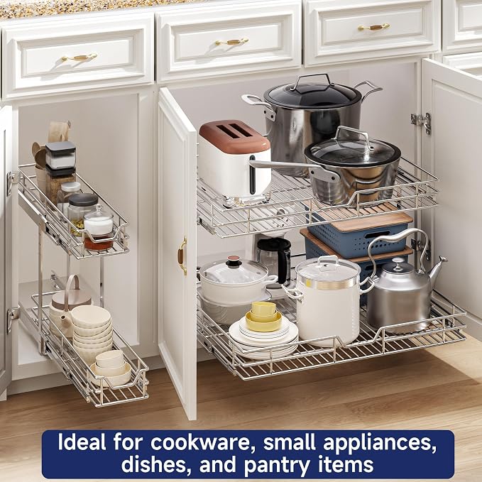 2-Tier Pull Out Cabinet Organizer, 16.5" W x 21.5" D, Heavy Duty Dual Slide Out Shelves for Base Cabinets, Chrome Wire Basket Drawer for Pantry, Kitchen & Bathroom Storage