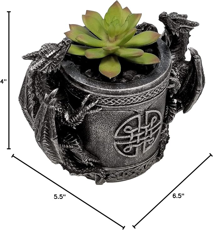 DWK - Literary Beasts - Twin Double Dragon Celtic Gothic Pen Pencil Desk Organizer Makeup Brush Holder Art Supply Caddy Home Office Accent Storage Accessory, Antique Silver Pewter, 6.5-inch