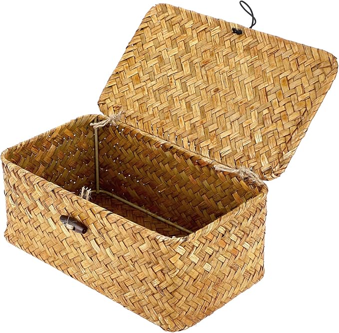 Hipiwe Wicker Shelf Baskets Bin with Lid, Handwoven Seagrass Basket Storage Bins Rectangular Household Basket Boxes for Shelf Wardrobe Home Organizer, Caramel X-Small