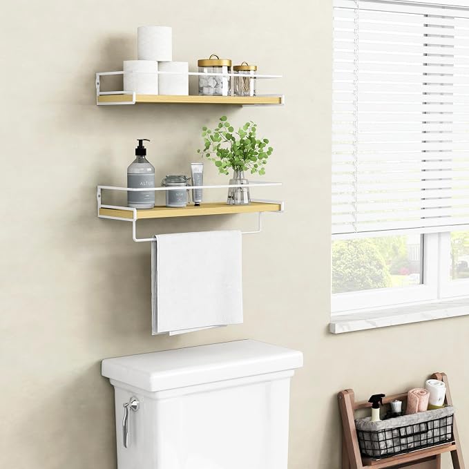 Forbena Floating Shelves for Wall with Rail, White and Natural Wood Nursery Book Shelves for Baby Girls Boys Kids Room Bedroom, Hanging Bookshelves Wall Mounted for Books, Toys, Bathroom (Set of 2)