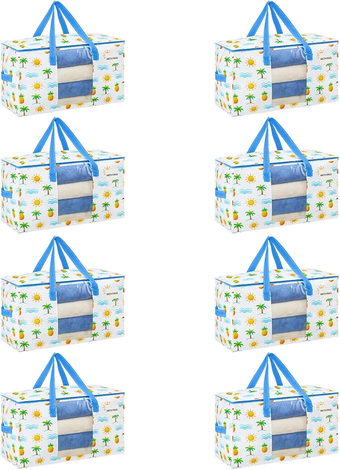 VENO 8 Pack Heavy Duty Moving Bags, Clothes and Comforter Storage Bags with Clear Window, College Dorm Essentials Packing Supplies, Foldable Boxes Alternative (Tropical Island, 8 Pack)