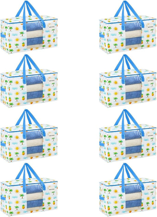 VENO 8 Pack Heavy Duty Moving Bags, Clothes and Comforter Storage Bags with Clear Window, College Dorm Essentials Packing Supplies, Foldable Boxes Alternative (Tropical Island, 8 Pack)