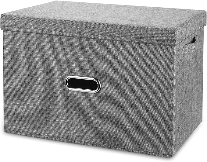 Large Linen Fabric Foldable Storage Bins with Removable Lid and Handles, Washable Storage Box Organizer Containers Baskets Cube with Cover for Bedroom,Closet,Office,Nursery (Grey, Extra Large)