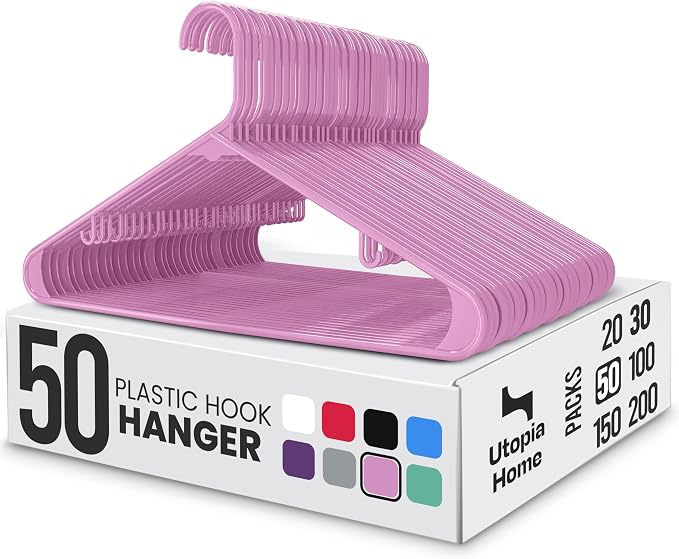 Utopia Home Plastic Hangers 50 Pack – Built-in Strap Hooks Pink | Space saving | Durable & strong | Closet organizer | Clothes hangers | Ideal for shirts, pants, skirts & coats