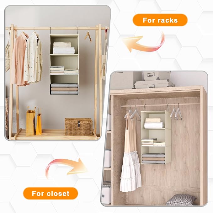 Hanging Closet Organizer 3-Shelf, Oxford Fabric Wardrobe Storage, Beige | Easy-mount foldable design holds clothes, handbags, shoes & accessories; washable Oxford fabric, sturdy and space-saving.