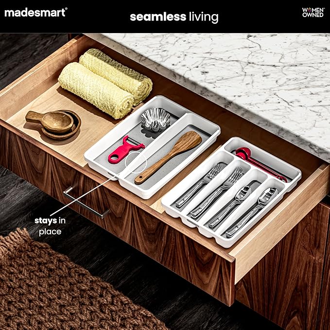 madesmart Small Utensil Tray, Multi Purpose Storage Organizer, Deep Storage for Ladles, Whisks & Serving Tools, Non Slip Lining, for Drawers & Home Organization, White