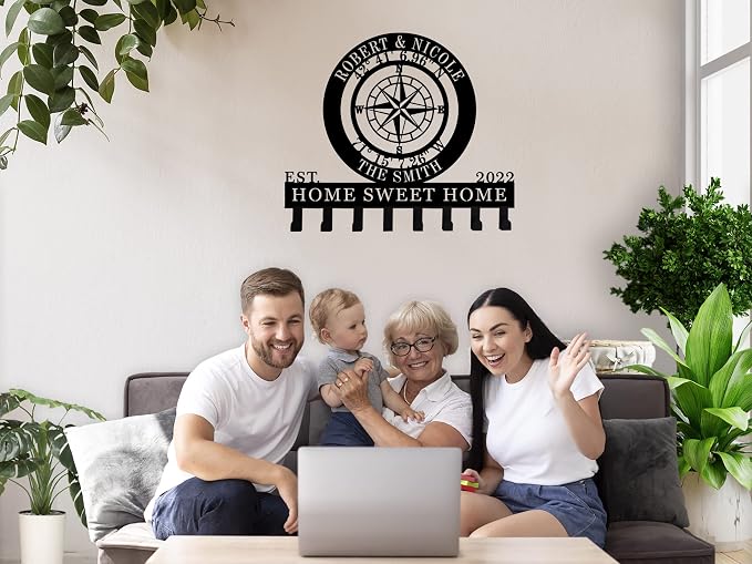 Key Holder for Wall with Nautical Compass GPS Coordinates, Key Hanger Decor for Kitchen, Entryway, Hallway, Office, Doorway Housewarming Gifts New Home