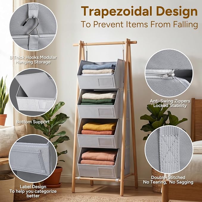 4-Tier Hanging Closet Organizer, Detachable Hanging Storage Shelves with Reinforced Side Panels, Hanging Closet Organizer for Clothes, Sweaters, Towels, Socks & Accessories, Gray