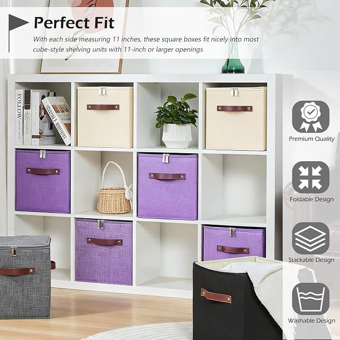 2PCS Storage Cubes with Lid Fabric Storage Bins Boxes PU Leather Handles Cotton Linen Closet Organizer Container Decorative Foldable Washable Shelf Cloth Basket (Zipper Lid, Purple, 11in)