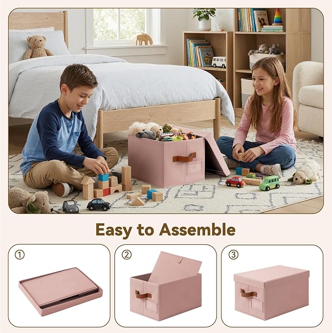 GRANNY SAYS Storage Basket with Lid, Linen Fabric Storage Bins with Label, Decorative Storage Boxes, Clothes Storage and Organization, Memory Keepsake Box, 3-Pack, Pink