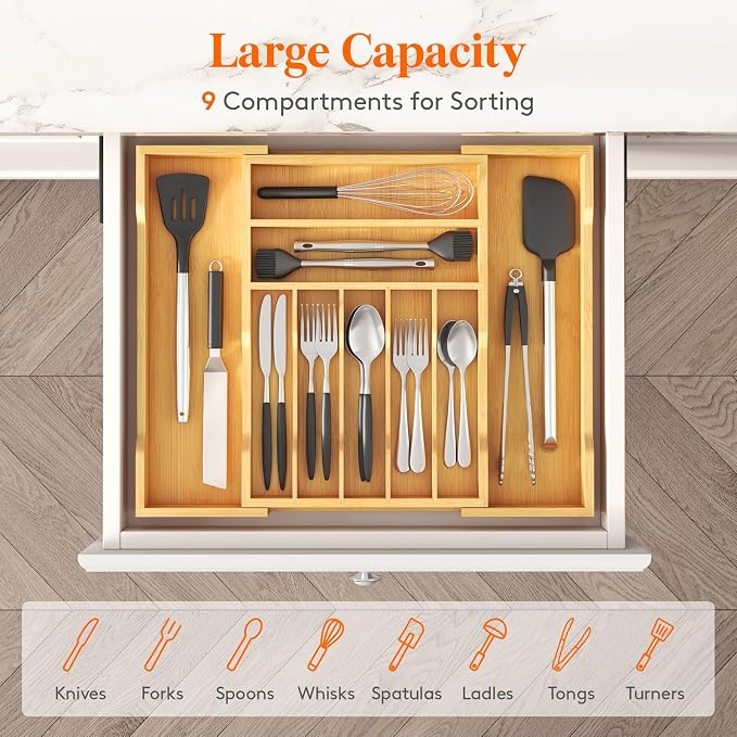 Lifewit Silverware Drawer Organizer, Expandable Utensil Tray for Kitchen, Flatware and Cutlery Holder, Wood Adjustable Storage for Spoons Forks Knives, 31-53 x 43cm, Natural
