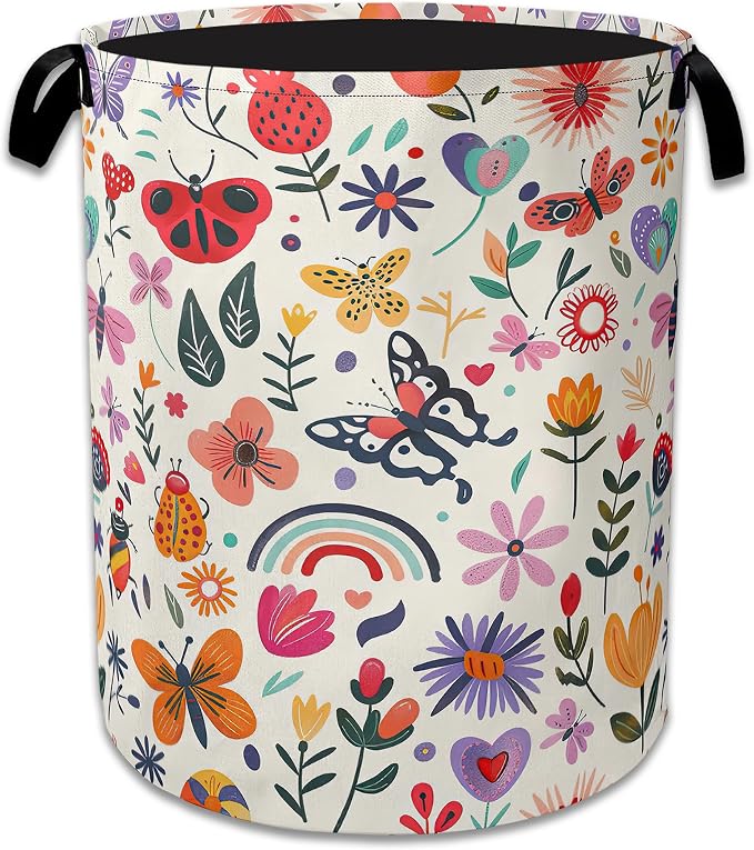 Colorful Butterfly Flowers Laundry Basket Collapsible Laundry Hamper Clothes Storage Bin for Bathroom Bedroom Room Decor 16" X 20.8"