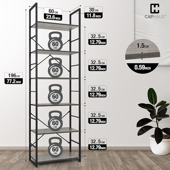 CAPHAUS 6 Tier Bookshelf, 24 Inch Width Free Standing Shelf, Bookcase Shelf Storage Organizer, Industrial Book Shelves for Home Office, Living Room, Kitchen, Dark Grey Vintage Shelves & Metal Frame