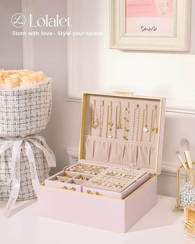 Lolalet Jewelry Box Organizer for Women Girls, 2 Layer Jewelry Organizers and Storage for Necklace Earrings Rings Bracelets, Large Jewellery Holder Case Birthday Gifts -Pink