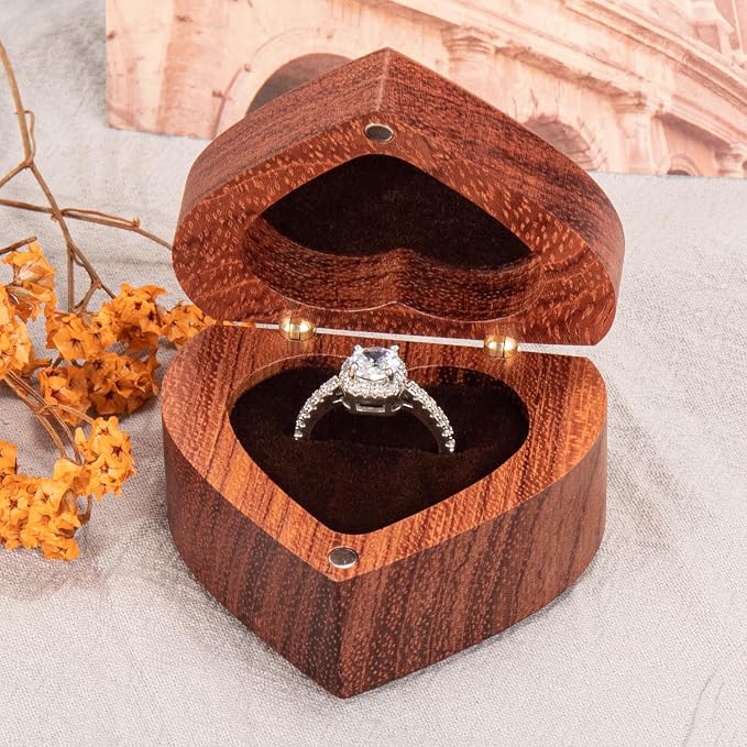 Engagement Proposal Ring Box Secret Slim Rose Wooden Heart Case | Rose Wood Ring Bearer Box Jewelry Storage Holder Display for Wedding Ceremony Commemoration