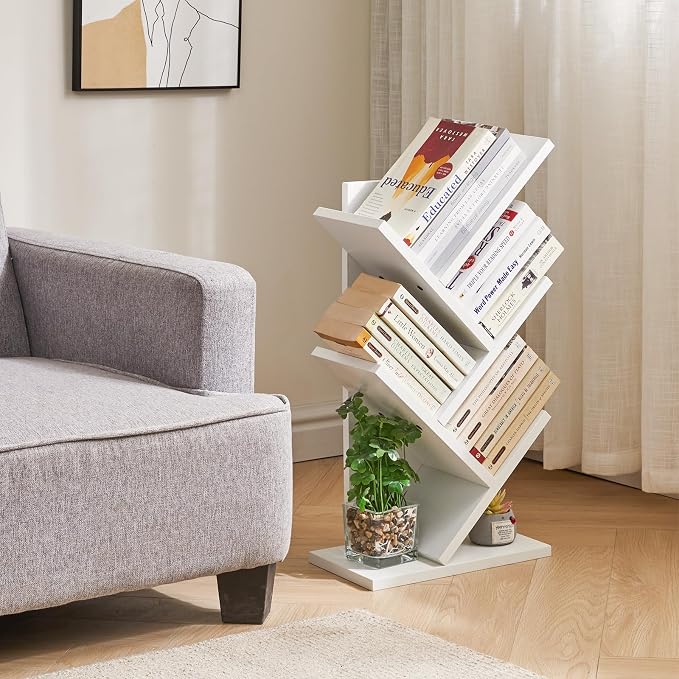 YMYNY 4 Tier Tree Bookshelf, Small Bookcase, Modern Wood Book Storage Rack, Freestanding Book Shelf for Books/Movies/CDs, Narrow Display Rack for Living Room, Home Office, White UHBC014W