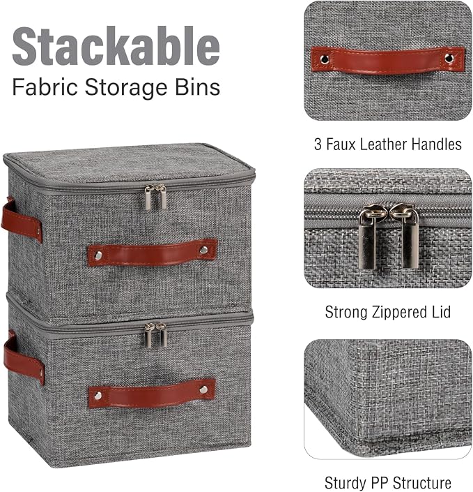 Storage Bin Box with Zippered Lid Cotton Linen Fabric Decorative Basket with PU Leather Handles PP Plastic Board Foldable Lidded Clothing Shelf Closet Organizer Container (Gray, Small)