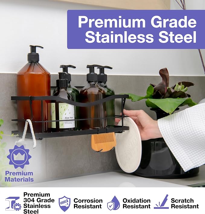 KINCMAX Premium Shower Caddy, Self Adhesive Shower Organizer w/ 4 Hooks, No Drill Shelves for Inside Shower, Rustproof Stainless Steel Shower Rack for Bathroom, Matte Black