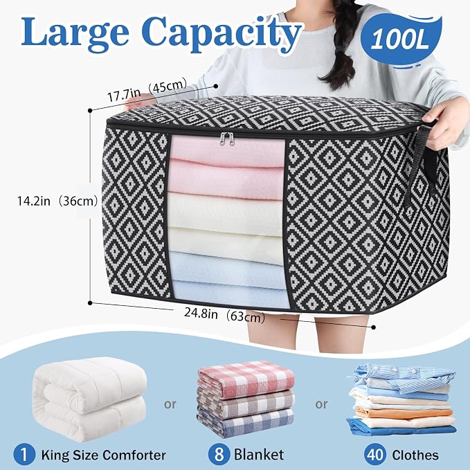 StorageTastic Direct 100L, 2 Pack, Storage Containers, Large Clothes Storage Bins Foldable Organization and Storage Bags with Reinforced Handle, Clear Window for Bedding, Blankets, Clothing, Black
