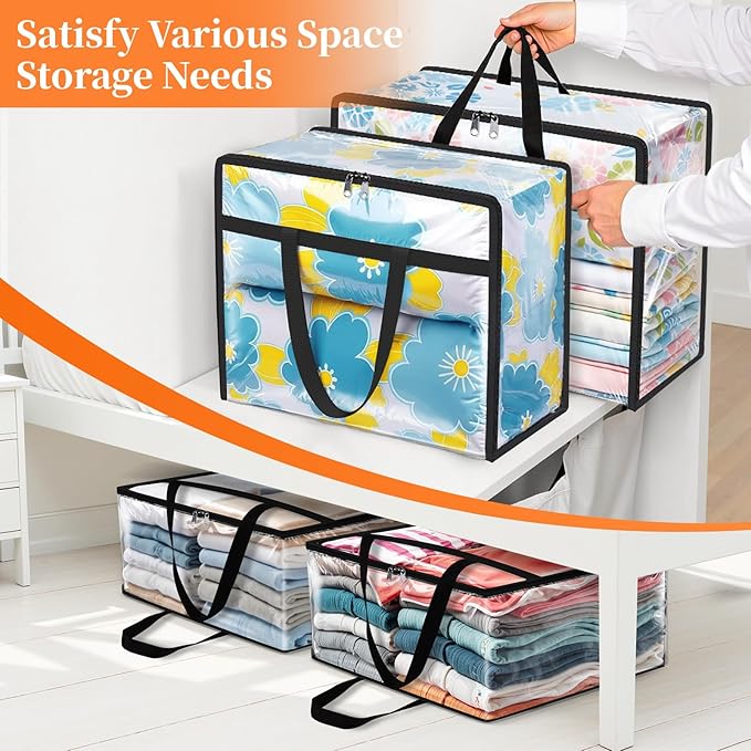 SpaceTrove Clear Clothes Storage Bags, 6 Pack Closet Organizers and Under Bed Storage Containers, Foldable Moving Bags with Zippers for Comforter, Blanket, Bedding, Duvet, PVC Packing Bags 40L