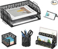 EasyPAG Desk Organizers and Accessories 5 Pieces Office Supplies Set - 2 Tier Paper Tray, Pencil Organizer for Desk, Mail Sorter Countertop, Business Card Holder and Sticky Note Holder, Black