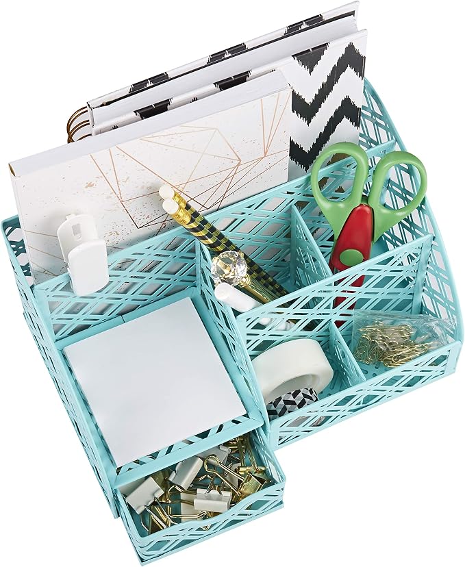 Exerz Desk Organizer Turquoise Office Desk Accessories Supplies Office Storage Desktop Pencil Pen Holder with Drawer Home Workspace