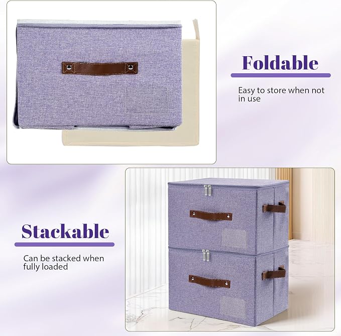 ANMINY 3PCS Storage Bins with Zipper Lid Storage Boxes with Label Holder PU Leather Handles Washable Foldable Decorative Lidded Cotton Linen Fabric Cubes Baskets Closet Organizer - Purple, Small
