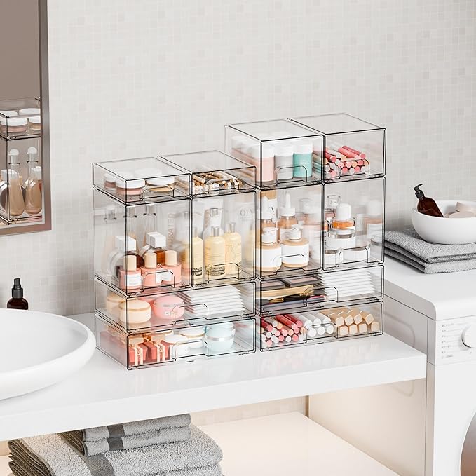 Yieach 12.1''W Clear Stackable Storage Drawers,2 Pack Acrylic Drawer Organizer for Hair Accessories,Makeup Organizers,Plastic Organizer Bins for Vanity,Bathroom,Cabinet,Desktop,Office Supply Organizer