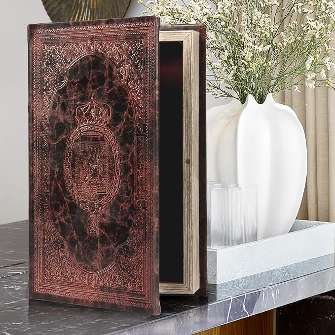 Decorative Vintage Style Faux Leather Embossing Book Storage Box, Hollow Wood, 3-01, Brown - Birthday/Graduation Gift, Hidden Surprise