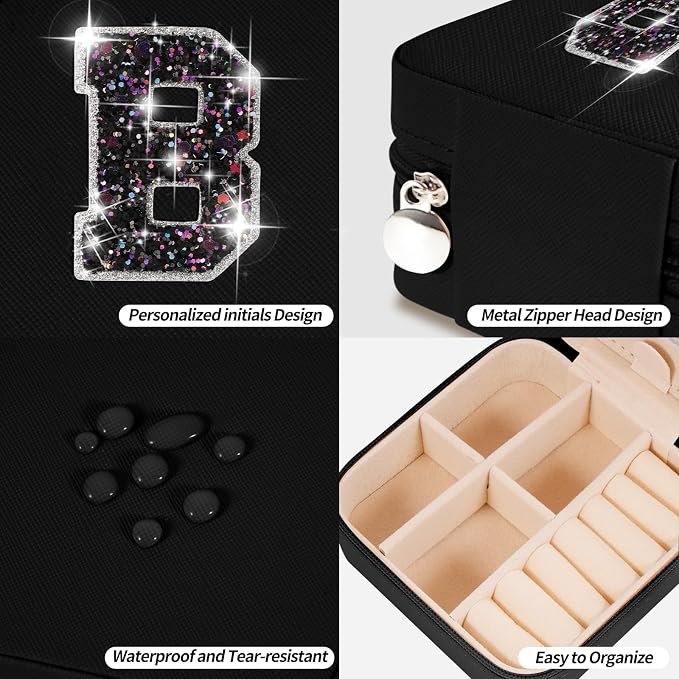 Uygafly Initials Travel Jewelry Case - Bridesmaid Gifts Wedding Day,Bridesmaid Proposal Gift,Bridal Shower Gifts,Maid of Honor Gifts,Bachelorette Party Decorations Favors | Black,B