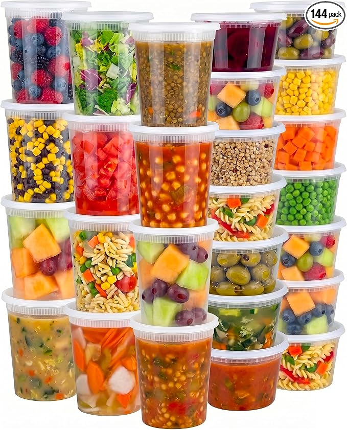 JoyServe 144 Sets Deli Containers with Lids – 16oz & 32oz – Leak Proof, Microwaveable, Dishwasher & Freezer Safe – Plastic Food Storage & Soup Containers