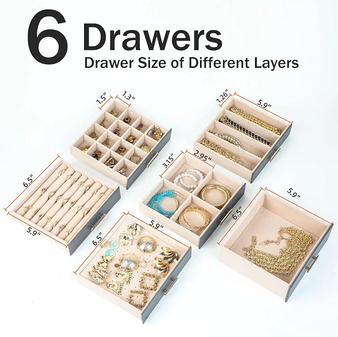 BOOVO Clear Lid Jewelry Box,6 Layers Jewelry Organizer Large Jewelry Storage Box with 6 Drawers,Jewelry Holder Organzier of Rings Earrings Necklace Bracelets for Women (Grey, 6 Layer)