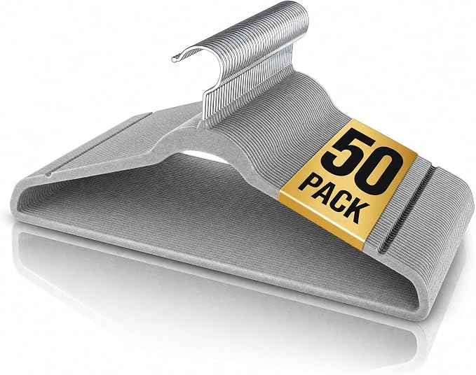 Velvet Hangers 50 Pack, 17.5 Inches Wide Large Size, Heavy Duty Non-Slip Slim Clothes Hangers for Pants, Coats, Skirts, Jeans, Sweaters and More, Nylon-Flocked, Gray
