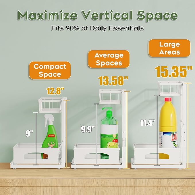 Under Sink Organizer, Cabinet Organizer for Kitchen, Height Adjustable Pull Out Heavy Duty 2 Tier Metal Under Sink Storage for Bathroom Pantry (White, 1 Pack)