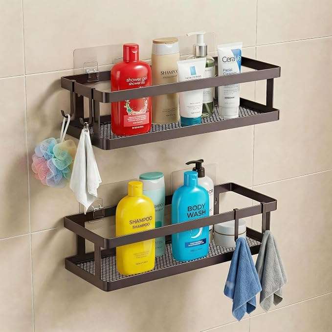 PUSDON 2-Pack Minimalist Shower Caddy Wall Mount, Open Frame Bathroom Shelf Organizer with Mesh Base, Rustproof Floating Spice Rack for Kitchen, Holds 50 LBS, 4 Hooks - Vintage Bronze, Guardrail