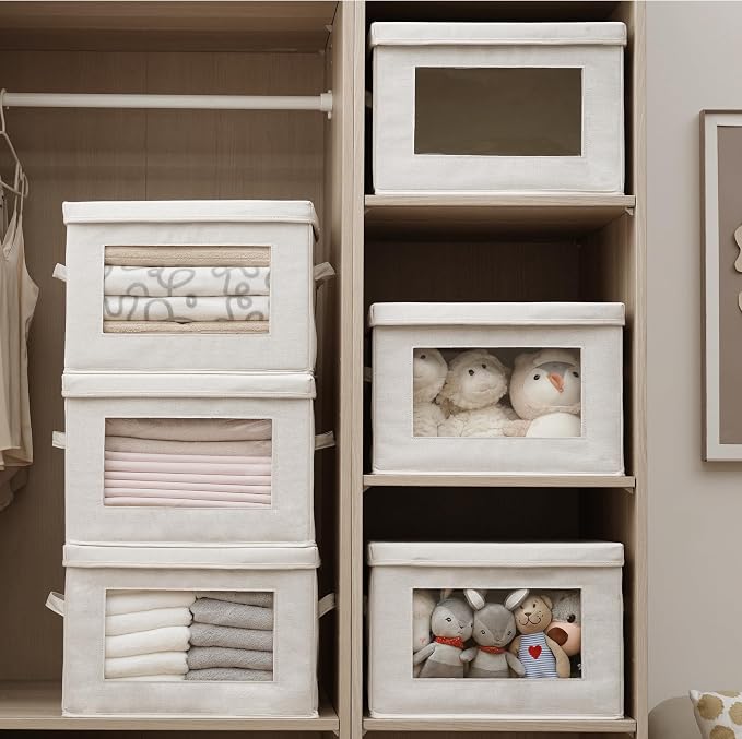 3-Pack Large Storage Bins with Lids & Clear Window, Foldable Fabric Closet Organizer Boxes, Stackable Cube Baskets with Soft Handles for Clothes & Blankets, 17”, Beige