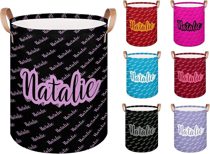 Personalized Laundry Basket, Custom Gift Laundry Hamper, Collapsible Nursery Waterproof Laundry Baskets, Dirty Clothes Toy Hamper with Handles Name Text Black Light Purple